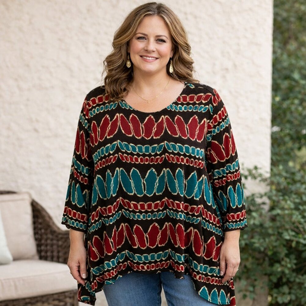 Womens Asymmetrical Bohemian Top Size XXL Abstract Artsy Lagenlook Made in USA